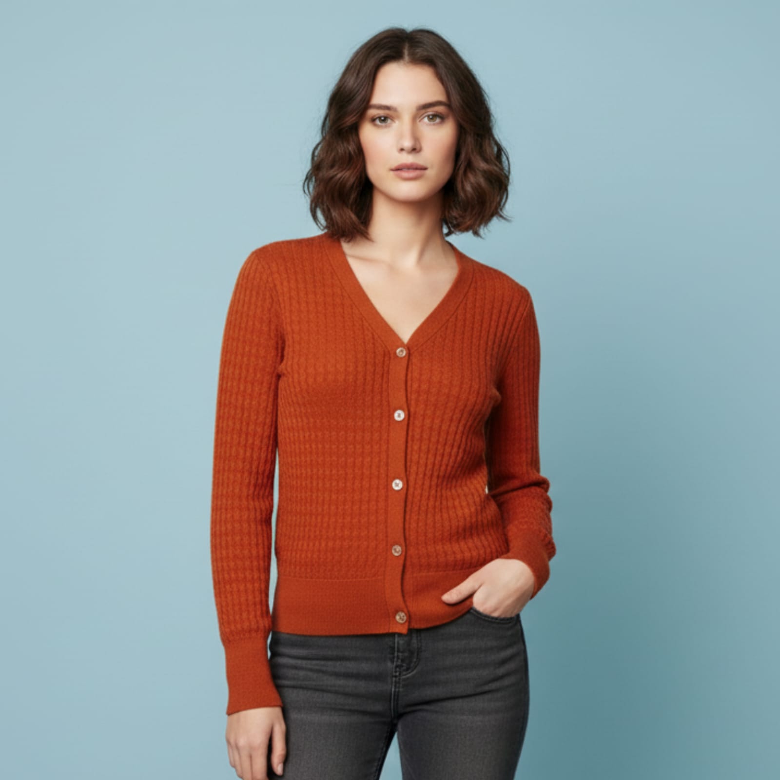 Fine Ribbed V-Neck Button-Front Cardigan