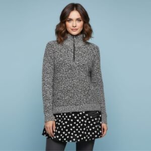 Layered Marl-Knit Half-Zip Sweater with Heart Hem