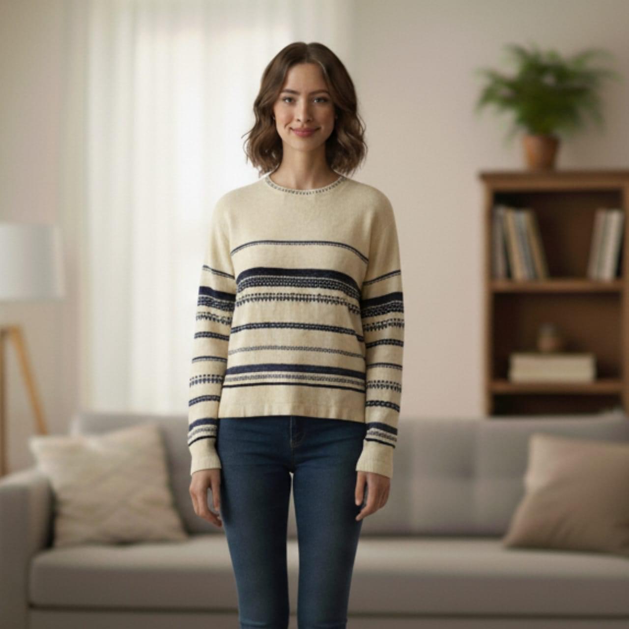Women's Cream and Navy Multi-Stripe Knit Sweater