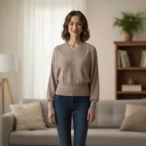Women's Taupe Ribbed Knit Wrap Sweater
