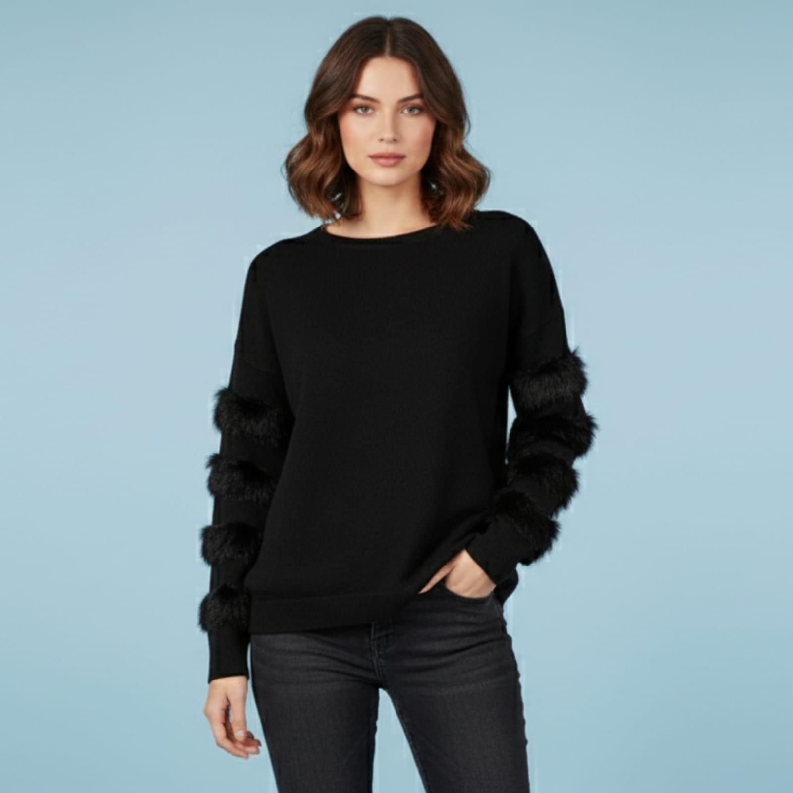 Women's Black Faux Fur Pom-Pom Sleeve Jumper
