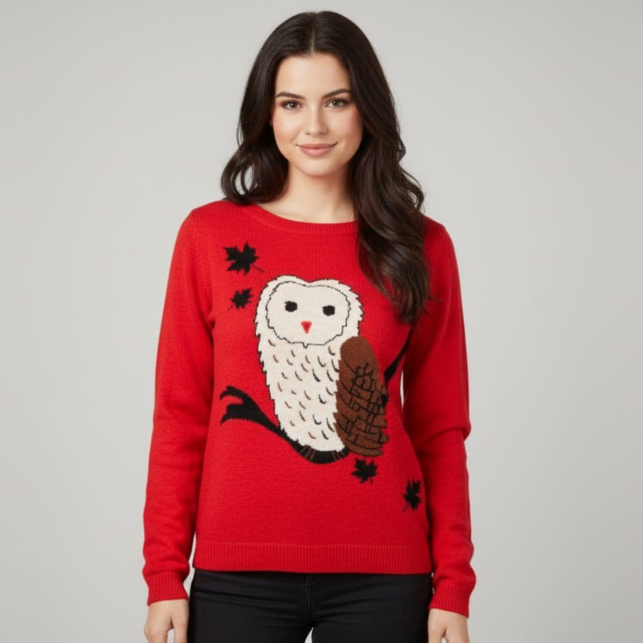 Red Owl Print Winter Knitted T-shirt for Women