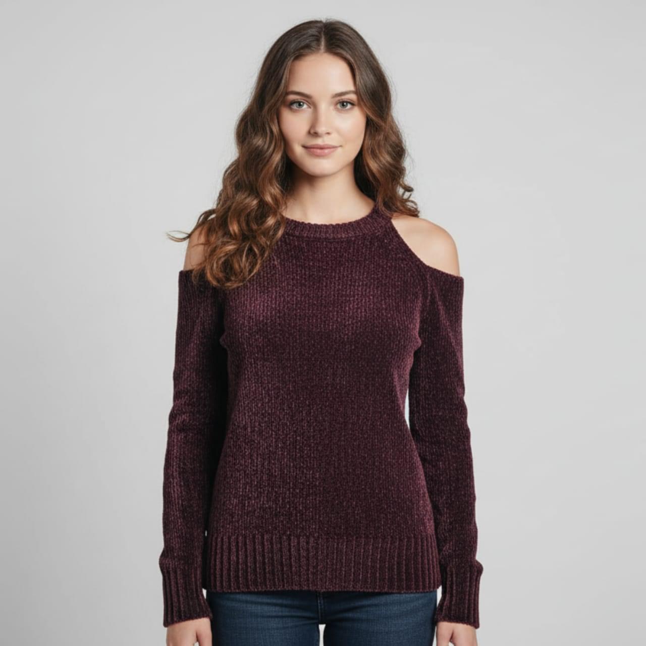Luxurious Chenille Cold-Shoulder Pullover Sweater