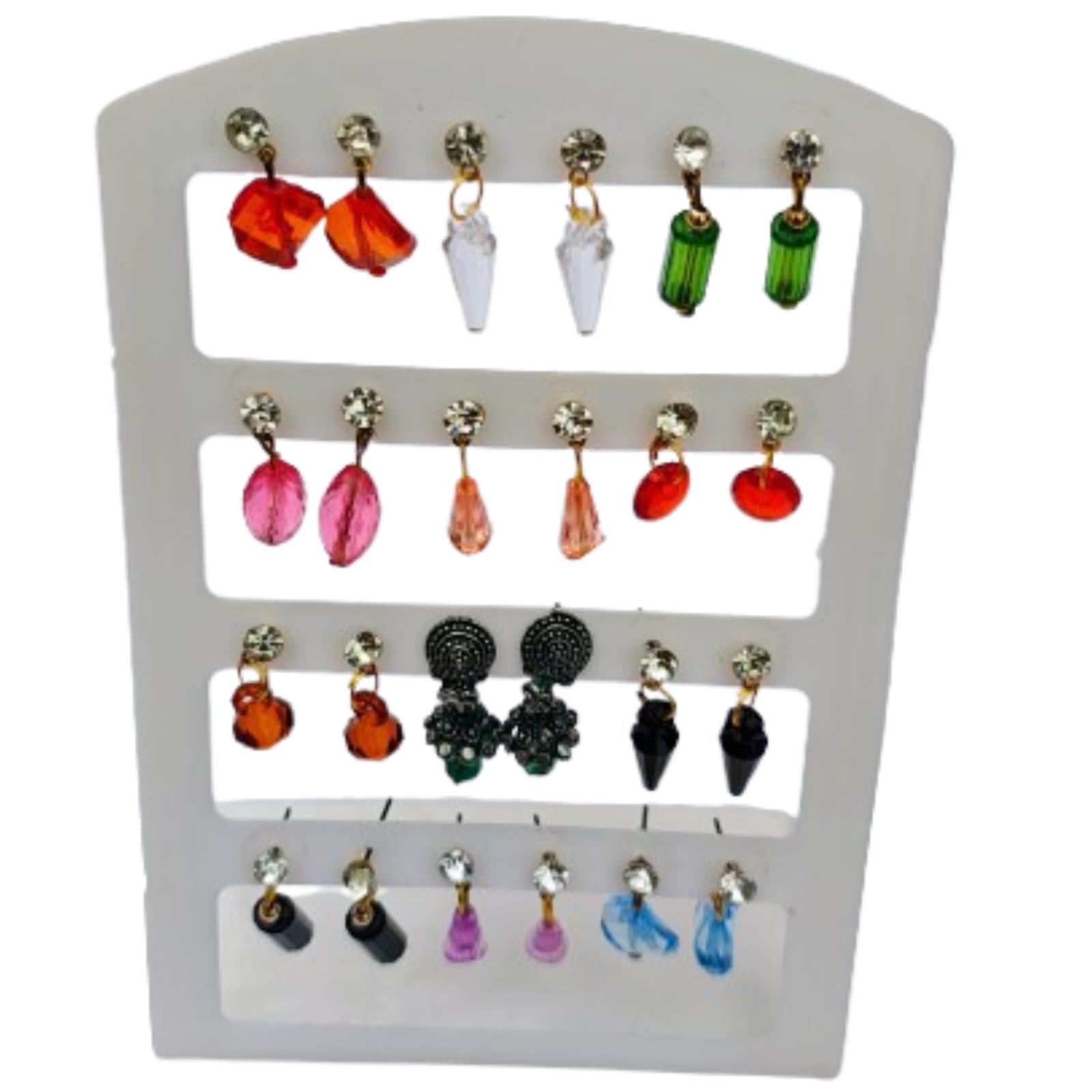 Stylish Multicolor Long Crystal Drop Earrings – 12 Pairs Set